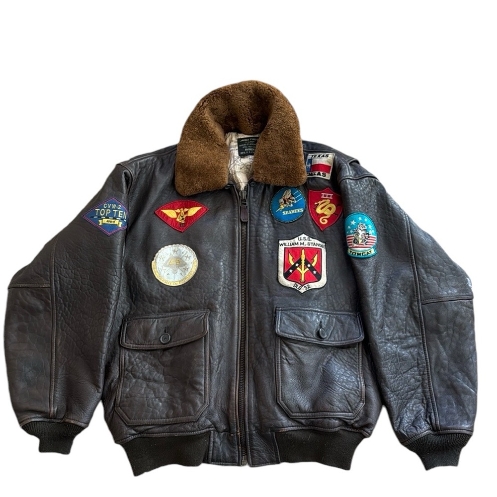 Avirex G-1 Leather Flight Jacket 1995 W shearling Collar & Flight Patches Sz XL